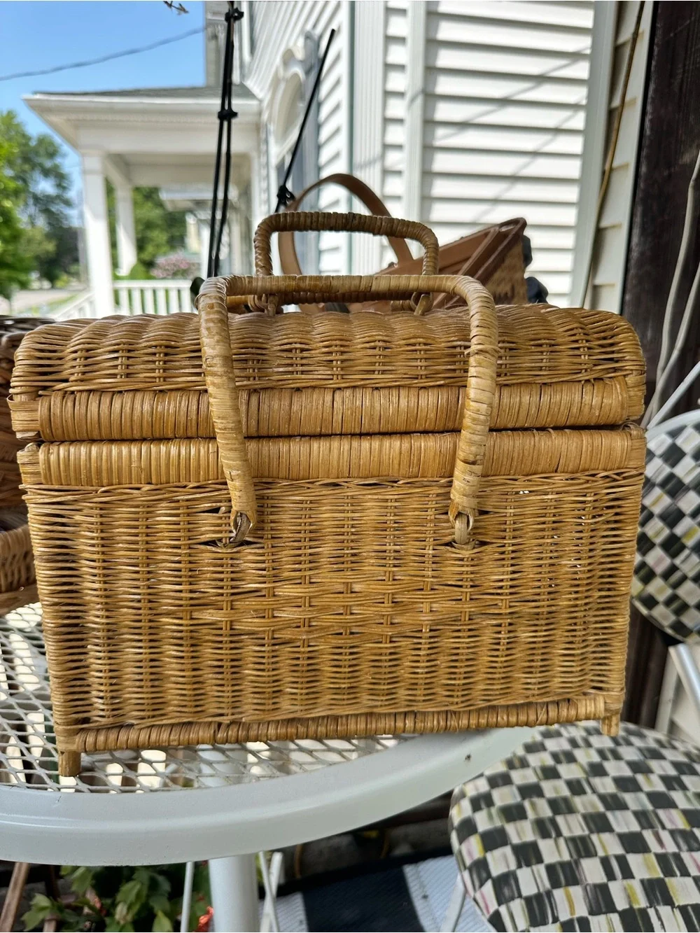 Vintage Wicker Rattan Picnic Basket Suitcase Style Double Handle Boho Cottage